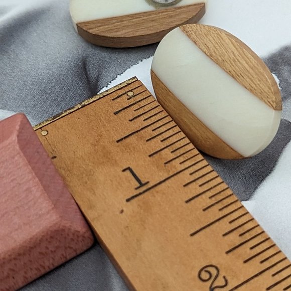 Vintage Wooden Pierced Earrings Fabulous 1970's Post Geometric One is Bone-Wood - Picture 6 of 7